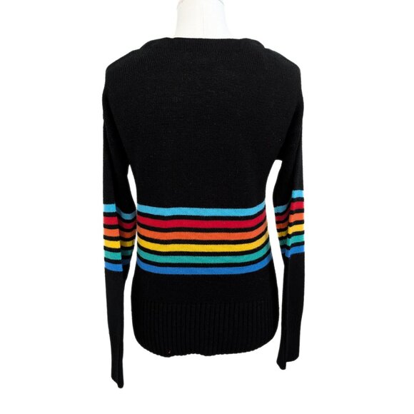 Black & Rainbow Striped Crew Neck Knit Sweater Womens Cozy Chunky Colourful Sz L - Picture 8 of 9